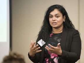 Anne Sureshkumar, an honour-based violence outreach coordinator and registered social worker with the Calgary Counselling Centre, speaks to a group of people at the Travelodge Hotel in Regina. Sureshkumar presented a talk on shame and honour-based violence at "Circles of Care: The Impact of Intimate Partner Violence on Children, Families and Communities" -- a conference in Regina put on by PATHS (Provincial Association of Transition Houses and Services of Saskatchewan) and RESOLVE Saskatchewan.