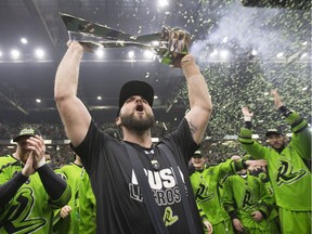 Saskatchewan Rush goalie Evan Kirk celebrates after defeating the Rochester Knighthawks during the championship game at SaskTel Centre in Saskatoon on Saturday, June 9, 2018.