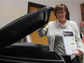 Brenda Wallace, the City of Saskatoon's director of environmental and corporate initiatives, stands next to three different garbage cart sizes at city hall on Monday, June 11, 2018.