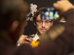 Tyler Smith, who survived the Humboldt Broncos bus crash on April 6, 2018, speaks to media following an event put on by the NHL in Las Vegas, NV on June 19, 2018