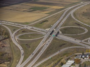 This Oct. 2, 2018 aerial photo shows the interchange at College Drive and Circle Drive with vacant University of Saskatchewan endowment lands that are slated to be developed into neighbourhoods that could house 180,000 people.