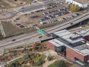 The plot of land seen at the top of this Oct. 2, 2018 aerial photo west of the Remai Modern art gallery and Idylwyld Drive is being targeted by the City of Saskatoon as the next River Landing parcel to be offered for sale.