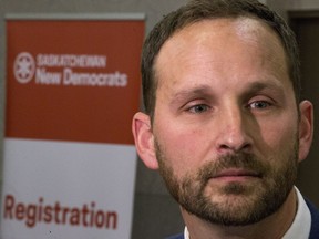 NDP-Saskatchewan NDP leader Ryan Meili speaks to media during the 2018 Saskatchewan NDP Convention at TCU Place in Saskatoon, SK on October 13, 2018.