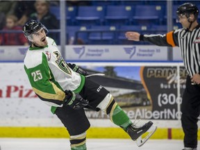 Prince Albert Raiders forward Sean Montgomery celebrates a goal against the Saskatoon Blades during 3rd period WHL action at SaskTel Centre in Saskatoon, SK on Sunday, October 14, 2018.