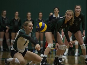 Huskies libero Shae Beaulieu goes to hit the ball during the game at the PAC in Saskatoon on Saturday, October 21, 2017.