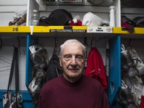 Stan Halliwell who is the co-founder of the Saskatoon 60-plus hockey league, stands for a portrait in his dressing room at Schroh Arena in Saskatoon on Wednesday, October 24, 2018.