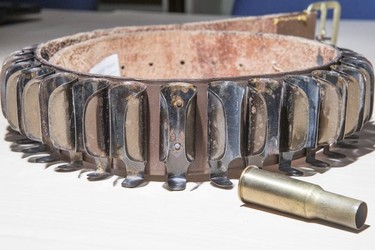 SASKATOON,SK--OCTOBER 24-1025-Remembrance Day nuggets- Ammunition belt for the Second Boer War is displayed at the Saskatoon Museum of Military Artifacts in Saskatoon,Sk on Wednesday, October 24, 2018.