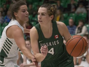 SASKATOON,SK--NOVEMBER 03 1103-Huskies women Basketball- Huskies guard Brianna Fehr goes to move the ball during the game at the PAC gym in Saskatoon,Sk on Saturday, November 3, 2018.