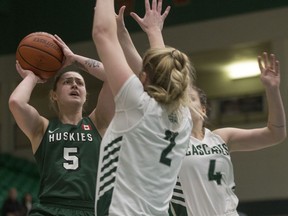 Huskies guard Sabine Dukate goes to shoot the ball during the game at the PAC gym in Saskatoon,Sk on Saturday, November 3, 2018.