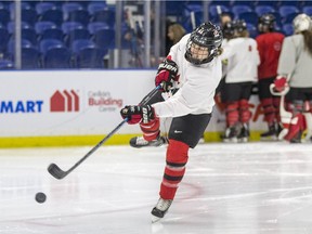 Team Canada blueliner Katelyn Gosling practises ahead of the the 2018 4 Nations Cup international women's hockey tournament at SaskTel Centre in Saskatoon, SK on Monday, November 5, 2018.