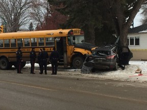 The driver of an SUV was taken to hospital with serious injuries after the vehicle collided with a school bus in the area of Taylor Street East and Cumberland  Avenue South on the morning of Thursday, Nov. 15, 2018. Saskatoon police responded to the scene and report the SUV was pushed into a tree by the school bus.