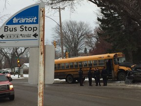 The driver of an SUV was taken to hospital with serious injuries after the vehicle collided with a school bus in the area of Taylor Street East and Cumberland  Avenue South on the morning of Thursday, Nov. 15, 2018. Saskatoon police responded to the scene and report the SUV was pushed into a tree by the school bus.