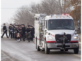 Hundreds of first responders marched in uniform on Nov. 27, 2018 as part of a full honours funeral service to remember Darrell James Morrison, the volunteer firefighter who was killed on Nov. 21, 2018 while responding to a highway collision near Rosetown