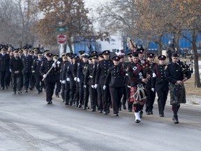 Hundreds of first responders marched in uniform on Nov. 27, 2018 as part of a full honours funeral service to remember Darrell James Morrison, the volunteer firefighter who was killed on Nov. 21, 2018 while responding to a highway collision near Rosetown