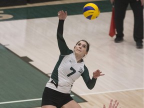 University of Saskatchewan Huskies power hitter Emily Koshinsky hammers the ball on the Ron and Jane Graham Court at the Physical Activity Complex on the U of S campus.