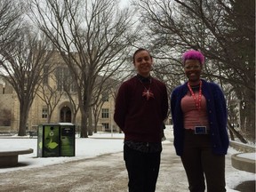 Max FineDay (left) and Jasmine Swimmer, outside the Arts and Science Building at the University of Saskatchewan campus, where the three day conference will be taking place to discuss the youth vision of reconciliation, in Saskatoon on November 15, 2018. (Erin Petrow/ Saskatoon StarPhoenix)