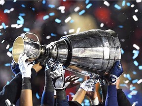 Despite winning the West in 2016 and 2017, Calgary is 0-2 in Grey Cup appearances over those years. The Toronto Argonauts celebrate as they hoist the Grey Cup after defeating the Calgary Stampeders in the 105th Grey Cup, in Ottawa on Sunday, Nov. 26, 2017.