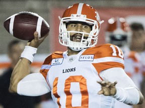 B.C. Lions quarterback Jonathon Jennings, shown last season, is reportedly prepared to test CFL free agency in February.