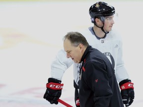 Ottawa Senators assistant coach Martin Raymond (left) and forward Matt Duchene are shown during a team practice in Ottawa on Tuesday, November 6, 2018. The Ottawa Senators appeared to fire another salvo in their ongoing battle with the Ottawa Citizen on Friday by declining to allow one of the newspaper's sports reporters to travel on the team's charter to Florida.The development came two days after the newspaper said it would not take down a secretly recorded video of several Senators players despite a legal notice insisting that leaving it online violates provincial privacy laws.