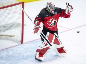 Canada goaltender Shannon Szabados stops a shot from Sweden during the third period of 2018 Four Nations Cup preliminary game in Saskatoon, Tuesday, November 6, 2018. Canada defeats Sweden 6-1.THE CANADIAN PRESS/Liam Richards ORG XMIT: LDR137