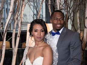 CFL player Jovon Johnson, right, his wife Yodanna Kativska Johnson and their son, Julian, on the wedding day. Handout photo for possible use with Holder feature on CFL players' wives/partners.