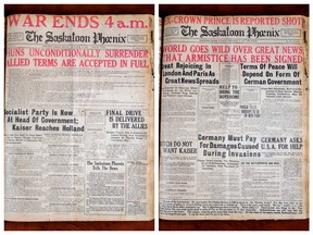 The front pages of the Saskatoon Phoenix on Nov. 11 and Nov. 12, 1918, following the end of the First World War