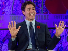 Prime Minister Justin Trudeau speaks during the Fortune Most Powerful Women International Summit in Montreal on Monday, Nov. 5, 2018.