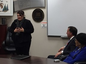 Treaty commissioner Mary Culbertson, (left to right) alongside Education Minister Gord Wyant and First Nation's elder Gladys Wapass-Greyeyes, speaks during the announcement introducing a new Treaty resource that will be in Kindergarten to Grade 9 classrooms province-wide, at the Office of the Treaty Commissioner near Saskatoon on November 2, 2018. (Erin Petrow/ Saskatoon StarPhoenix)