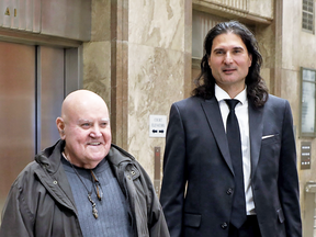 James Sears, right, editor-in-chief of Your Ward News, and publisher LeRoy St. Germaine outside court in Toronto on Nov. 28, 2018.