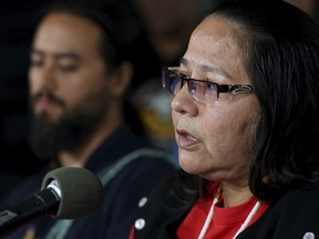 Neskonlith te Secwepemc chief Judy Wilson talks with reporters during a press conference Wednesday, May 9, 2018, in Houston.