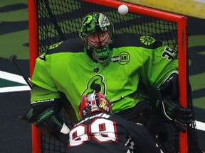 Saskatchewan Rush goalie Evan Kirk keeps his eye on the ball during a 2018 playoff win over the Calgary Roughnecks.