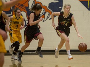 Centennial pushes the ball up the floor during a the Bowlt final against Melfort recently.