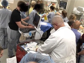 Doctors work side-by-side in the neonatal unit at Victoria Hospital in Prince Albert. The image of the doctors, which was shared on Twitter by Dr. Laurentiu Givelichian, the provincial head of Pediatric Critical Care with the Saskatchewan Health Authority, shows the need for a new neonatal facility at the hospital.