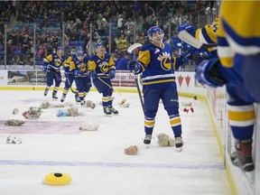 The Saskatoon Blades celebrate after scoring a goal on the Prince Albert Raiders during WHL action at Sasktel Centre in Saskatoon on Sunday, December 9, 2018.