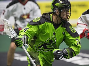 Saskatchewan Rush transition Jeremy Thompson moves the ball during the game at SaskTel centre in Saskatoon,Sk on Saturday, December 8, 2018.