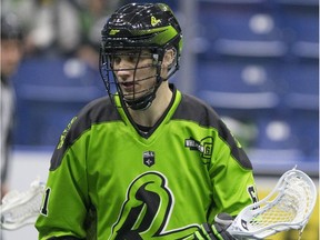 Saskatchewan Rush Nick Finlay in NLL action against the Calgary Roughnecks at SaskTel centre in Saskatoon on Saturday, December 8, 2018.