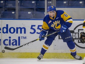 Saskatoon Blades defence Seth Bafaro moves the puck against the Brandon Wheat Kings during first period WHL action at SaskTel Centre in Saskatoon, SK on Friday, December 14, 2018.