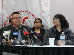 Leon Whitstone, an Onion Lake Cree Nation councillor and an uncle of Brydon Whitstone, speaks with reporters next to he mother of Brydon Whitstone Dorothy Laboucane at the Federation of Sovereign Indigenous Nations (FSIN) offices in Saskatoon, Sask. on Dec. 11, 2018.