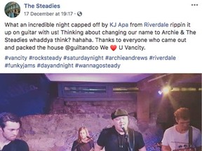 Saskatoon band, The Steadies, had the opportunity to jam out with Netflix royalty earlier in December, as KJ Apa, who plays Archie in the hit series Riverdale, joined the band on stage during a performance at Guilt & Company in Vancouver B.C. A video of the performance posted to Instagram by the red-headed star has gone viral, being viewed more than 1 million times.