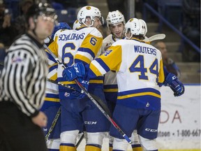 The Saskatoon Blades celebrate a goal against the Prince Albert Raiders during first period WHL action at SaskTel Centre in Saskatoon, SK on Thursday, December 27, 2018.