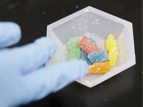 In this Aug. 22, 2018 photo, edible marijuana samples are set aside for evaluation at Cannalysis, a cannabis testing laboratory, in Santa Ana, Calif.