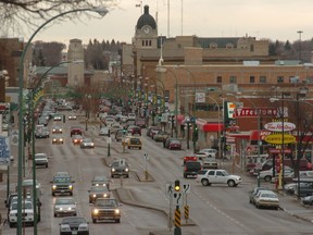 A view of Moose Jaw's Main Street, with City Hall visible in the distance.