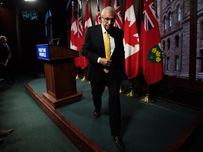 Ontario Finance Minister Vic Fedeli leaves after speaking to the media following the tabling of the 2018 Ontario Economic Outlook and Fiscal Review, at Queen's Park in Toronto on Nov. 15, 2018.