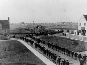 Funeral procession at the University of Saskatchewan for William Hamilton who died of the flu. Provincial Archives of Saskatchewan photo  S-B11785 2