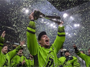 Saskatchewan Rush forward Jeff Shattler celebrates with the National Lacrosse League Cup after defeating the Rochester Knighthawks in Saskatoon on Saturday, June 9, 2018. The Rush are the 2018 NLL Champions after defeating the Knighthawks 15-10.