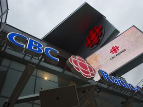 The CBC Radio Canada logo / sign on the Canadian Broadcasting Corporations building in the 700 block HamiltonVancouver, May 28 2013.