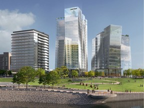 Renderings of the Nutrien Tower, planned for the north side of the River Landing development in Saskatoon, which is expected to be Saskatchewan's tallest office building when it is completed in 2021.