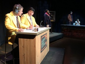(left to right) Bruce McKay, Kenn McLeod, Yvonne Addai, Curtis Peeteetuce, and Angela Kemp are in the newest Live Five production at the Refinery in Saskatoon titled Monday Night, about the Monday Night Football game in 1980 when it was announced that John Lennon of the Beatles had been killed.