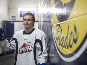 Saskatoon Blades newcomer Ryan Hughes, who was acquired last Thursday at the WHL trade deadline, stands for a portrait at SaskTel Centre in Saskatoon on Thursday, January 17, 2019.