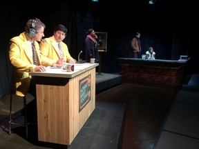 (left to right) Bruce McKay, Kenn McLeod, Yvonne Addai, Curtis Peeteetuce, and Angela Kemp are in the newest Live Five production at the Refinery in Saskatoon titled Monday Night, about the Monday Night Football game in 1980 when it was announced that John Lennon of the Beatles had been killed.